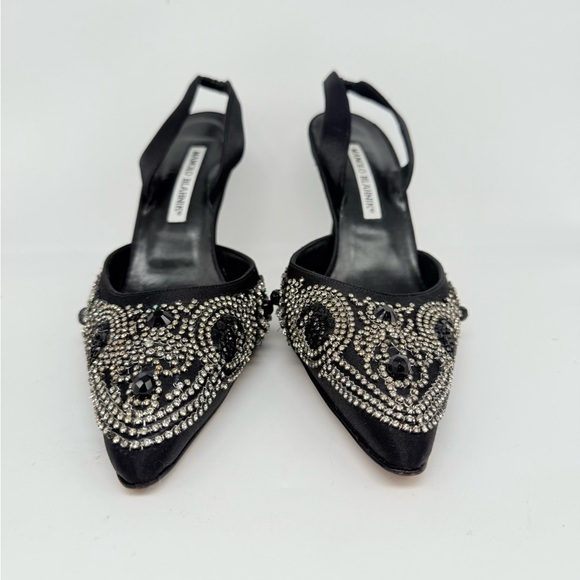 Manolo Blahnik Vintage Black Satin Jeweled Crystal Carolyne Slingback pumps EU38 - Picture 5 of 10